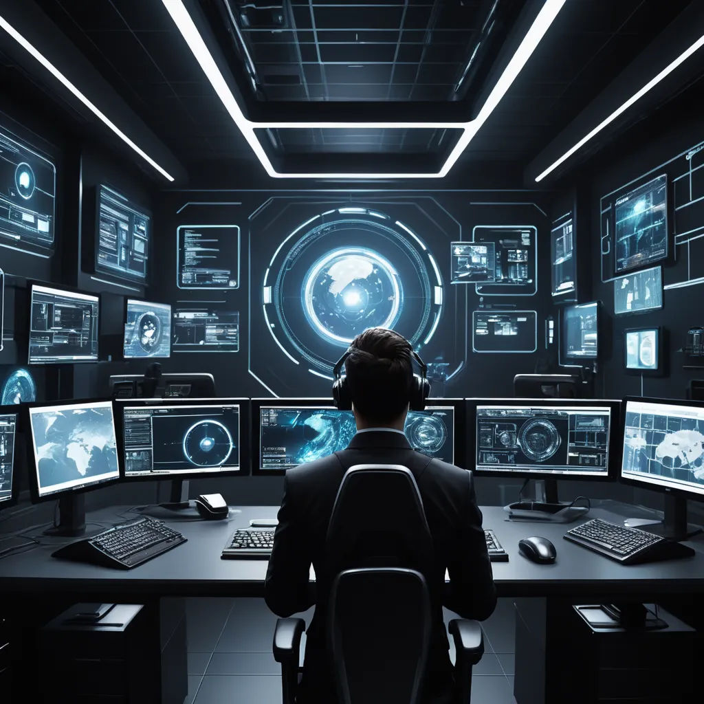 a man sitting at a desk with multiple monitors and laptops on it, all of which are illuminated by lights, les automatistes, computer graphics, Andries Stock, cybernetics