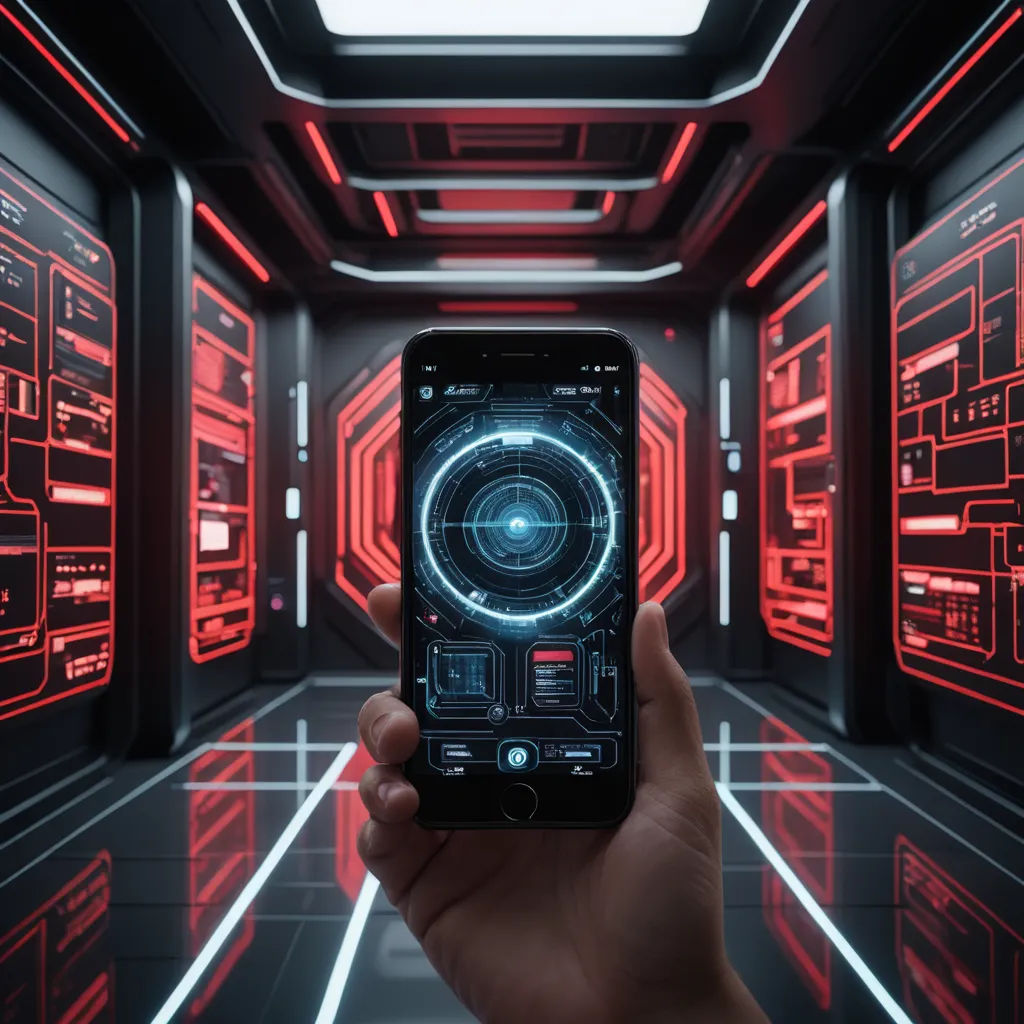 a person holding a phone in a room with red lights and a tunnel of red lights in the background, space art, a screenshot, Android Jones, redshift render