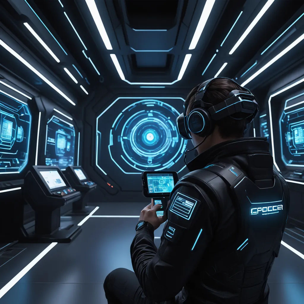 a man in a futuristic space setting with headphones on and a tablet in his hand, looking at a screen with a futuristic interface, retrofuturism, a computer rendering, Eve Ryder, sci fi
