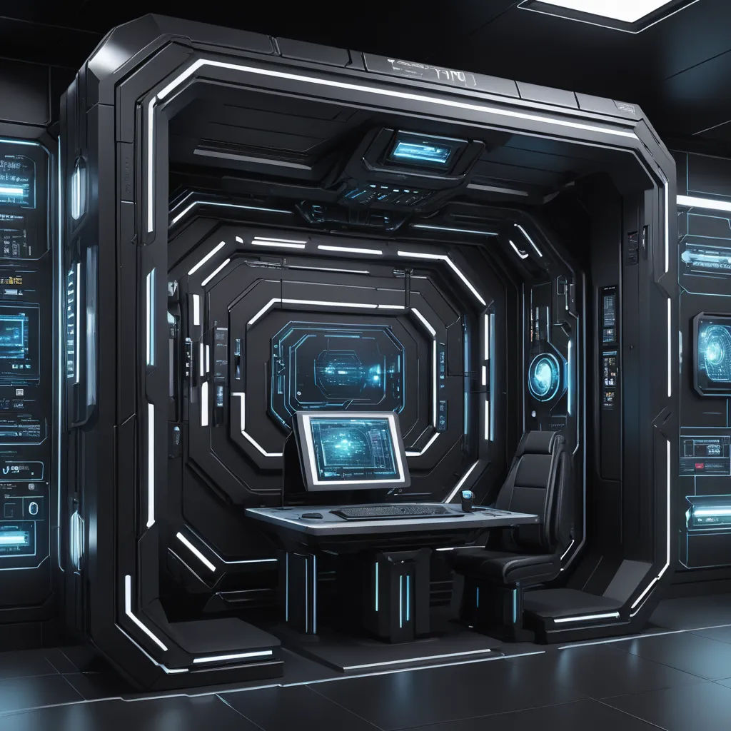 a computer room with a laptop on a table in it and a lot of lights on the ceiling and a lot of windows, computer art, a computer rendering, Beeple, unreal engine render