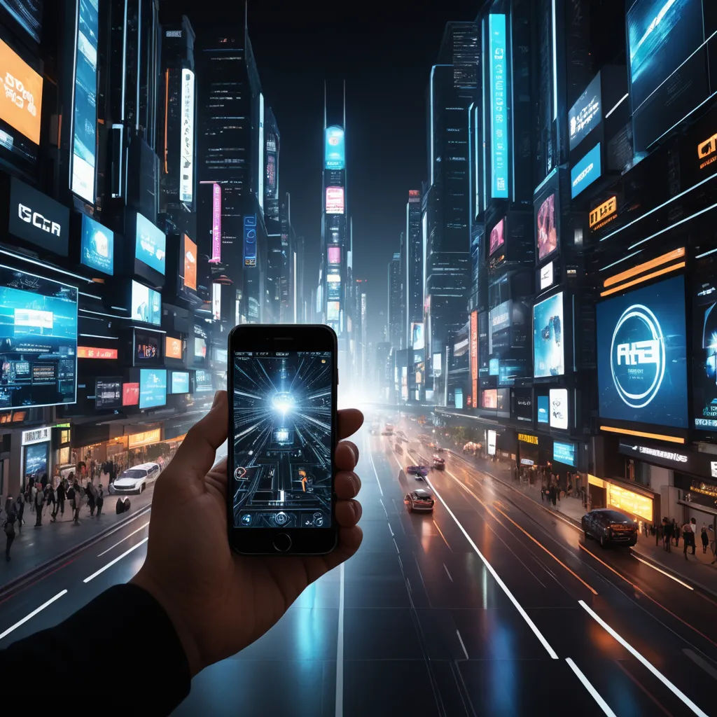 a person holding a phone in their hand in a city at night with neon lights and billboards on the buildings, futurism, a stock photo, Filip Hodas, dan mumford. octane render