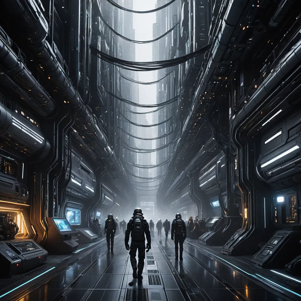 a group of people walking down a hallway in a futuristic city with a sky background and a large amount of lights, space art, cyberpunk art, Eve Ryder, star citizen halo