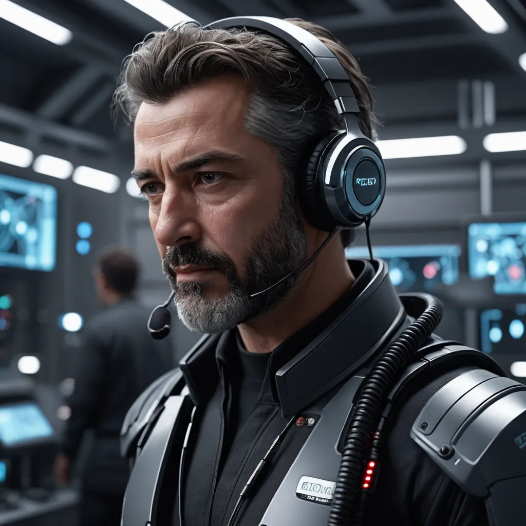 a man in a sci - fi fi suit wearing headphones in a control room with other people in the background, photorealism, a character portrait, Cedric Peyravernay, unreal engine highly rendered