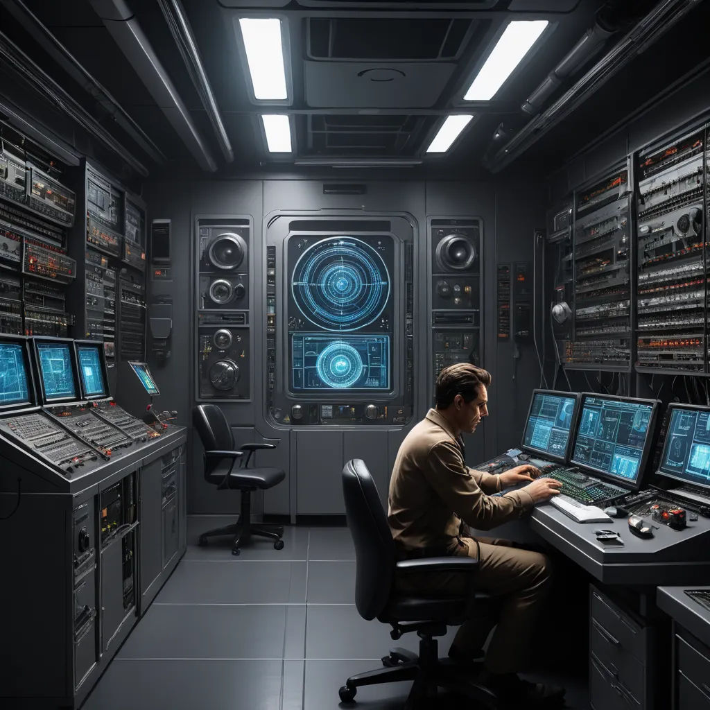 a man sitting at a desk in a control room with multiple monitors and a lot of other equipment on the wall, les automatistes, a detailed matte painting, Chris LaBrooy, cinematic matte painting
