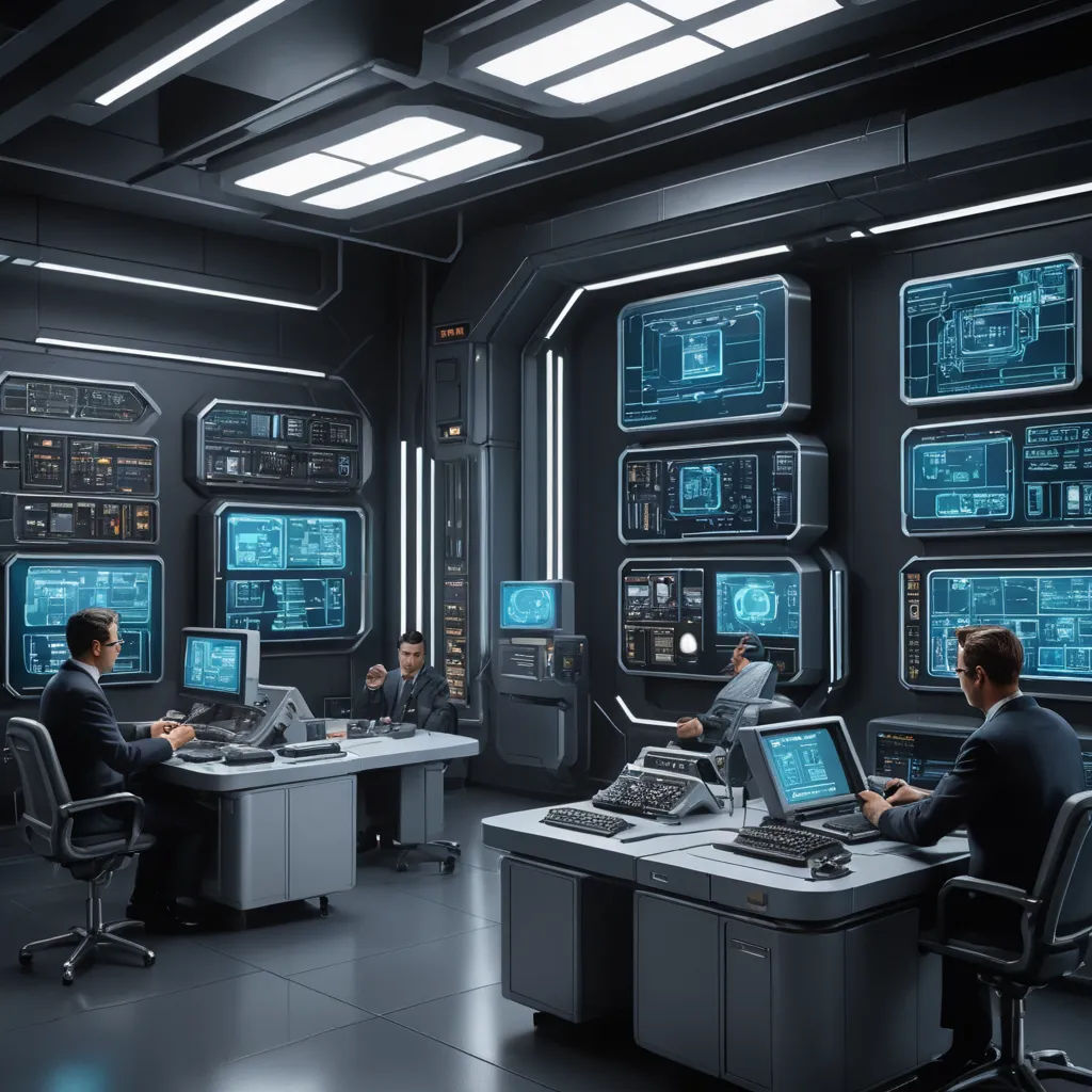 a group of people sitting at a table in front of monitors and laptops in a room with multiple screens, computer art, a detailed matte painting, Artur Tarnowski, cinematic matte painting