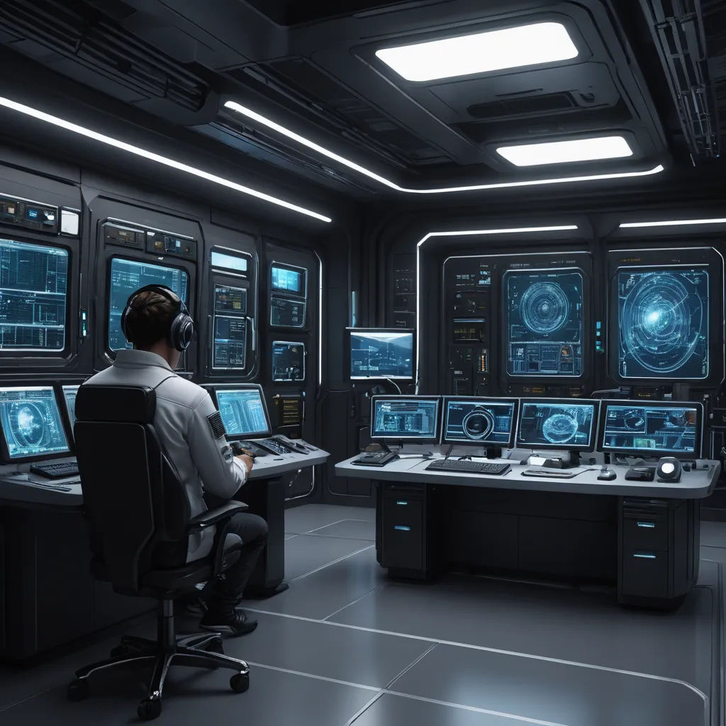 a man sitting at a desk in a control room with multiple monitors and a lot of screens on the wall, space art, a computer rendering, Eve Ryder, star citizen halo