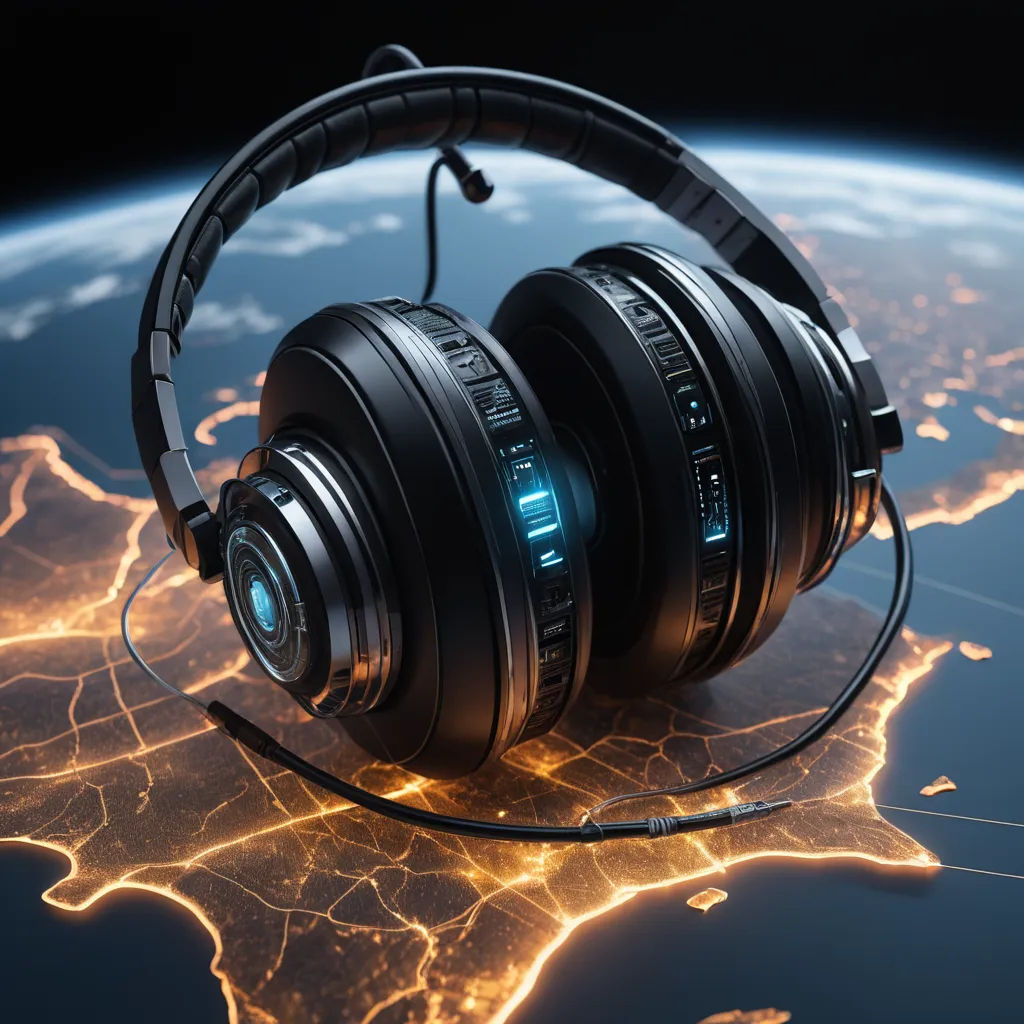 a pair of headphones sitting on top of a map of the world with a glowing light in the middle, space art, a 3D render, Filip Hodas, 3 d render