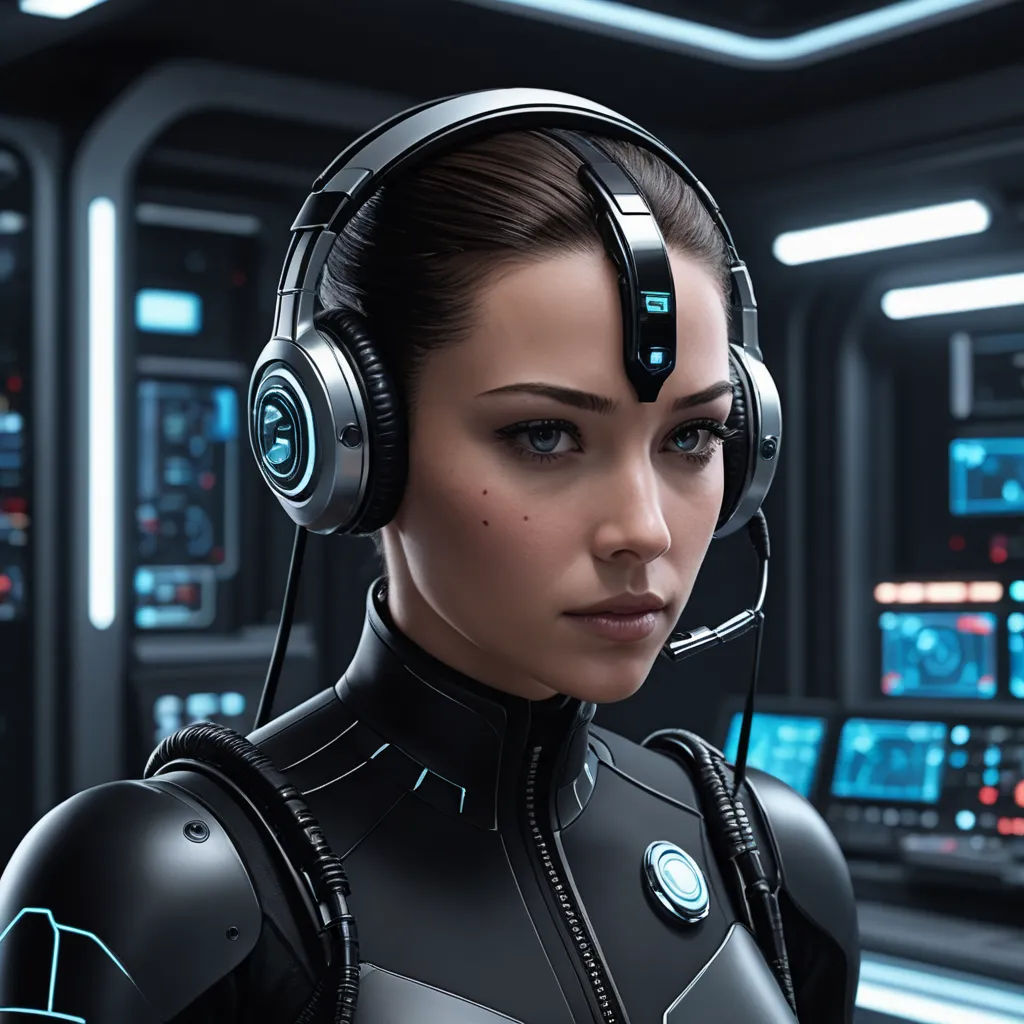 a woman in a futuristic suit with headphones on her head and a sci - fi fi fi fi fi fi fi fi fi fi fi fi fi fi fi fi fi fi fi fi fi fi fi fi fi fi fi fi, computer art, computer graphics, Cedric Peyravernay, cgstudio