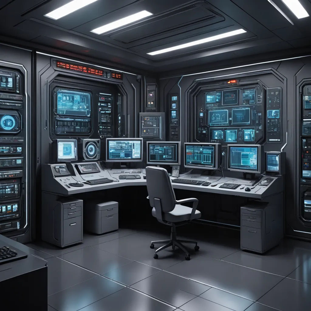 a computer room with multiple monitors and a lot of screens on the wall and a chair in front of the desk, computer art, computer graphics, Filip Hodas, artstation hq