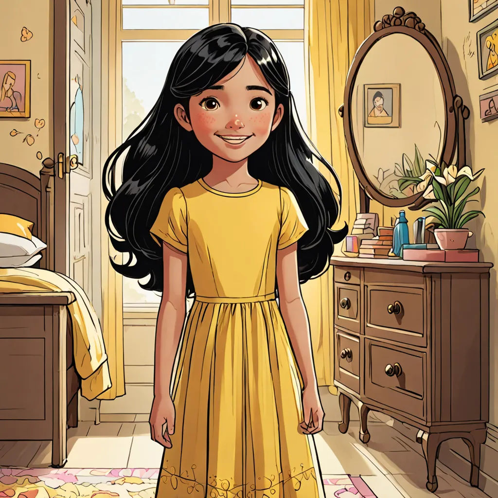a cartoon girl in a yellow dress standing in a bedroom with a mirror and dresser in the background and a bed with a yellow blanket on it, lyco art, a storybook illustration, Alice Prin, comic cover art
