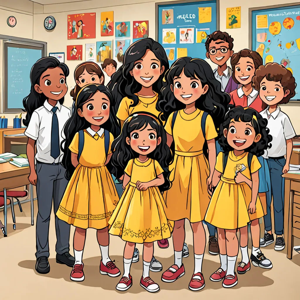 a group of children standing in a classroom with a teacher in the background and a teacher in the foreground, serial art, a storybook illustration, Ella Guru, official art