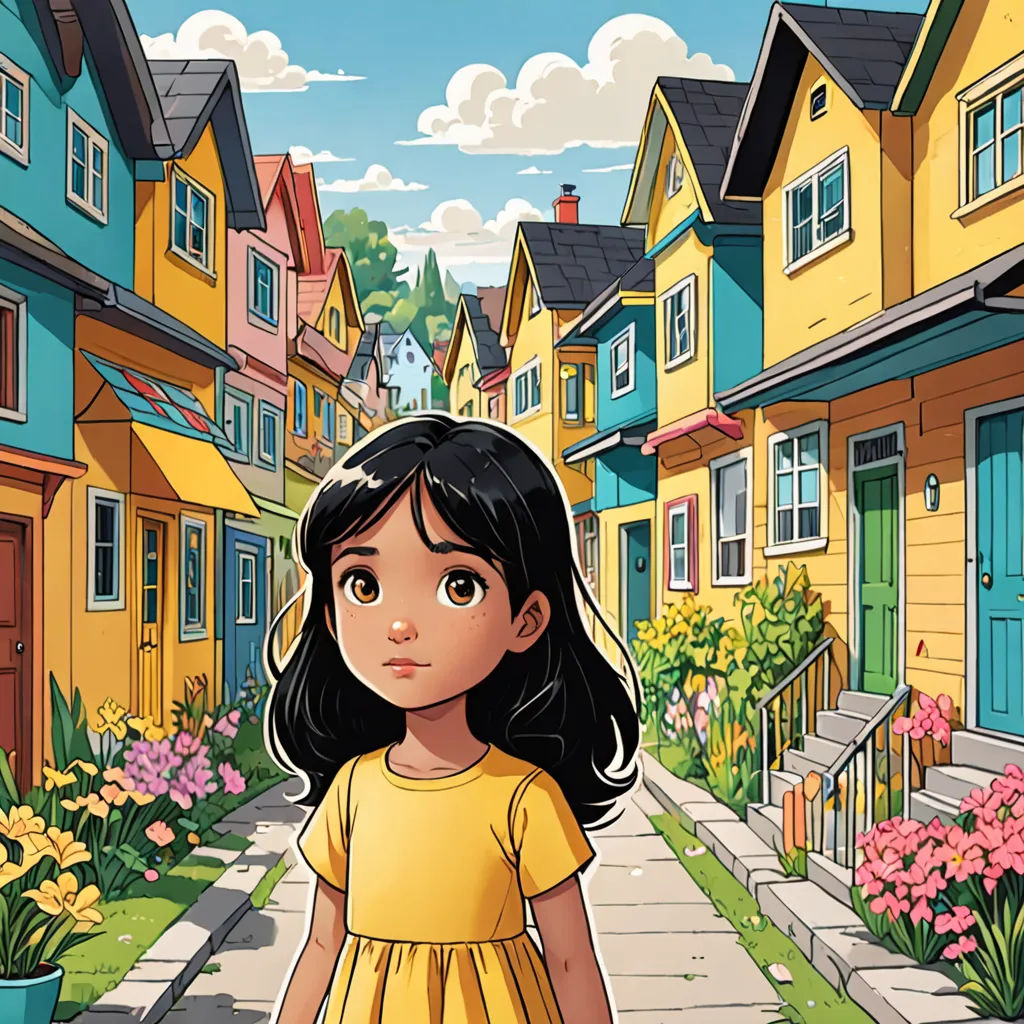 a girl in a yellow dress standing in front of a row of houses with flowers in the foreground, magical realism, a storybook illustration, Cliff Childs, comic cover art