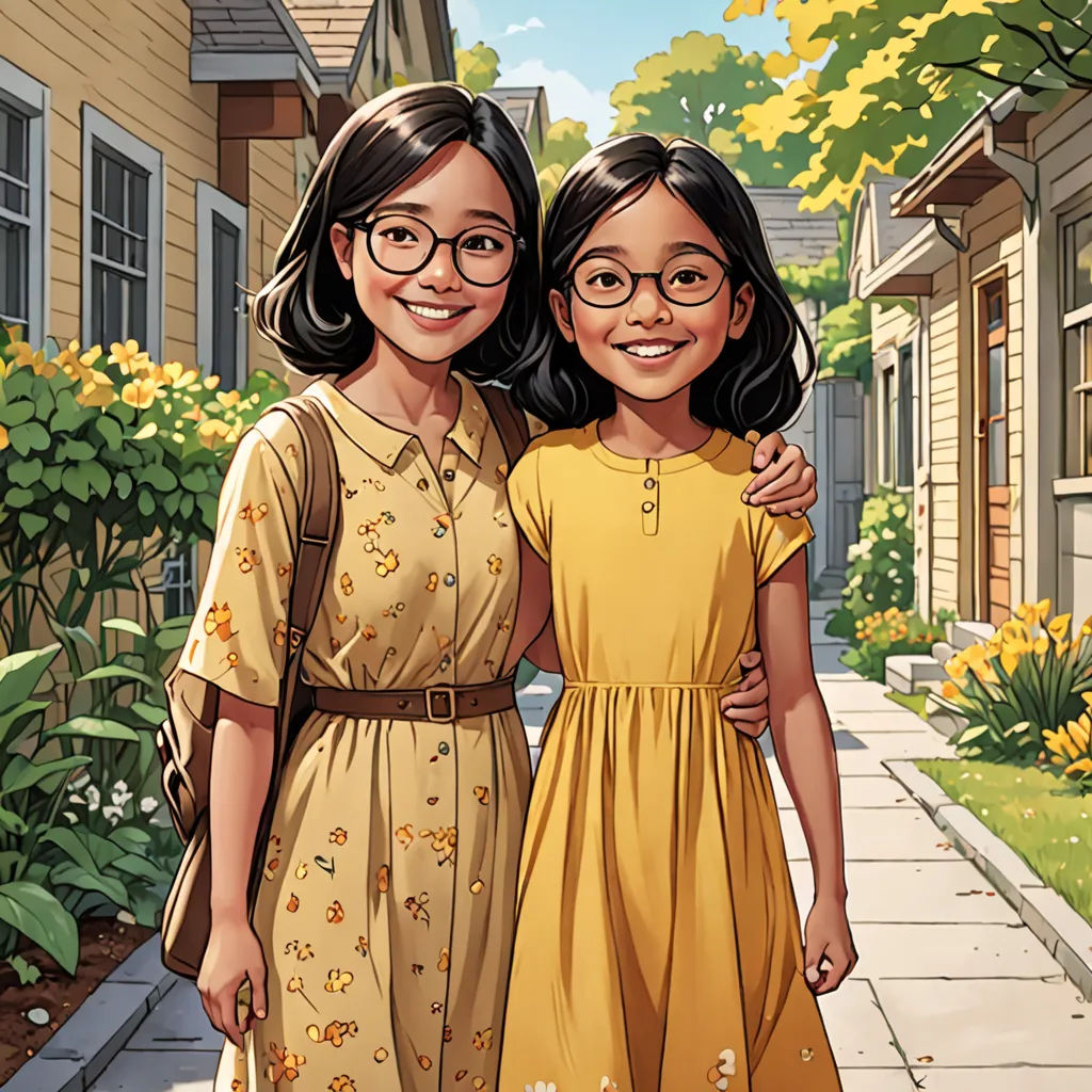 two young girls standing next to each other on a sidewalk in front of a house with yellow flowers and trees, american scene painting, a comic book panel, Brothers Hildebrandt, comic cover art