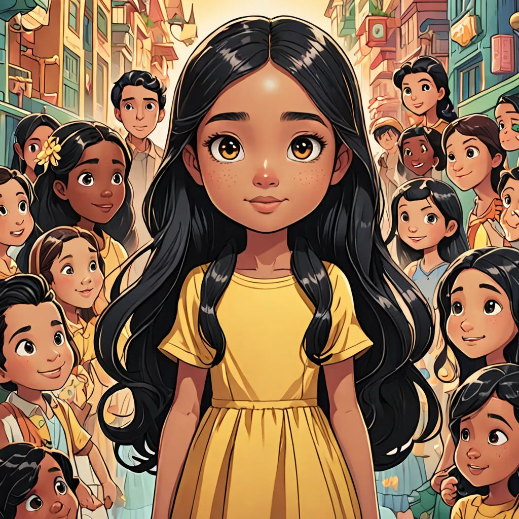 a cartoon girl in a yellow dress surrounded by children in a crowded city street, with a yellow light shining on her, magical realism, a storybook illustration, Ella Guru, comic cover art