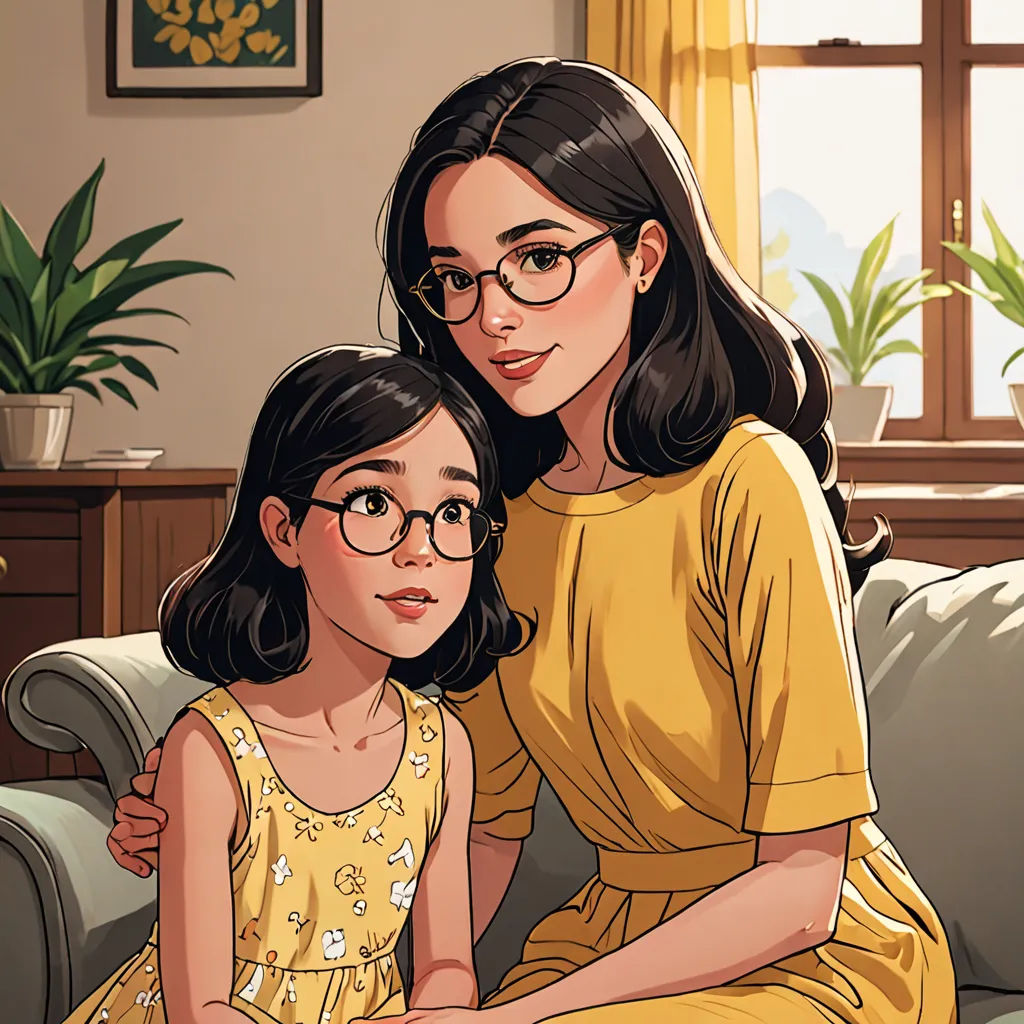 a woman and a girl sitting on a couch in a living room together, one of them is wearing glasses, academic art, a comic book panel, Artgerm, comic cover art