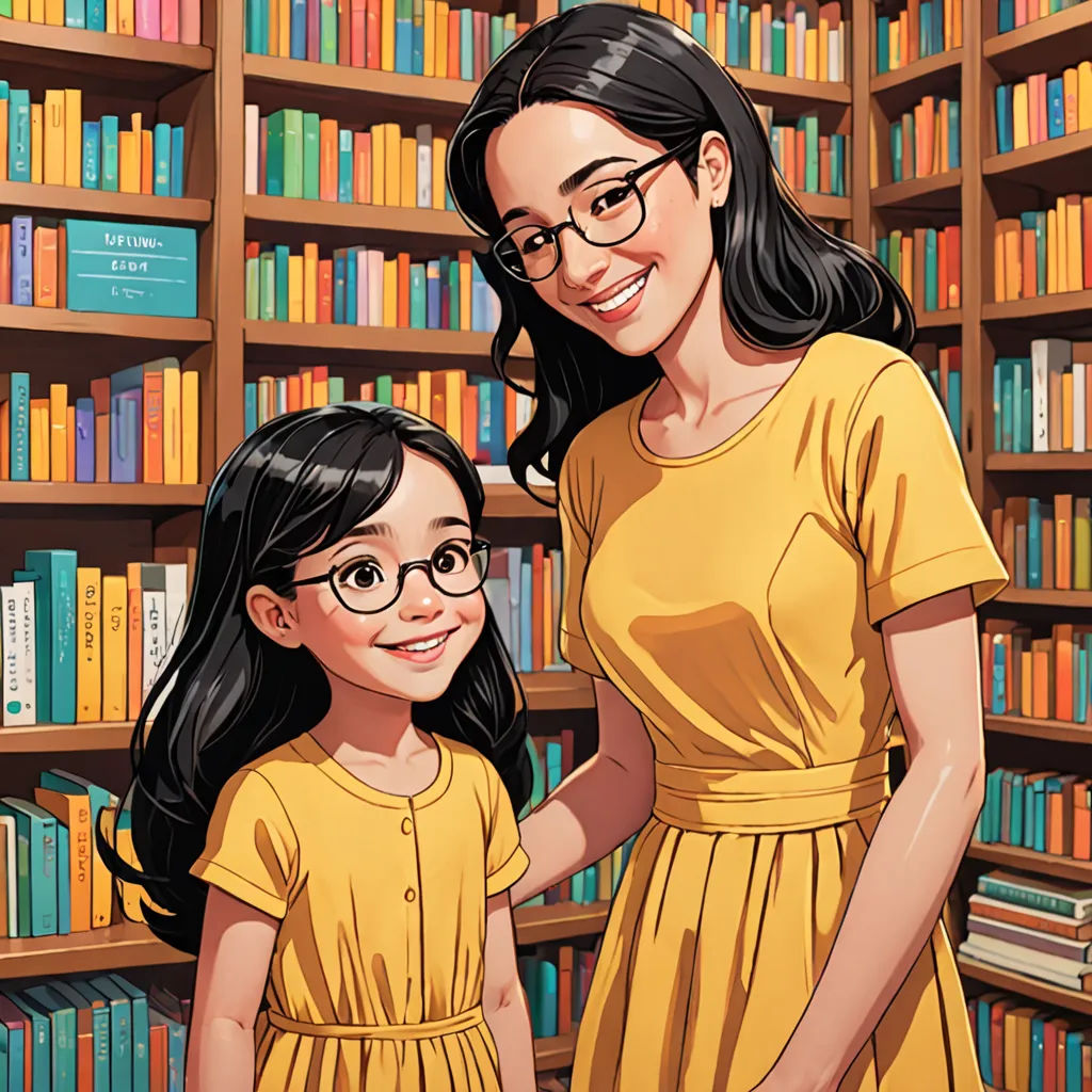 a woman and a girl standing in front of a book shelf full of books and bookshelves with books, serial art, a storybook illustration, Ada Gladys Killins, storybook illustration