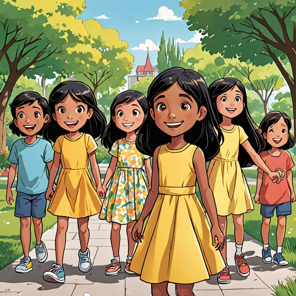a group of children standing on a sidewalk in a park with trees and grass in the background, with a cartoon of a group of children standing on a sidewalk, samikshavad, a storybook illustration, Ella Guru, promotional image