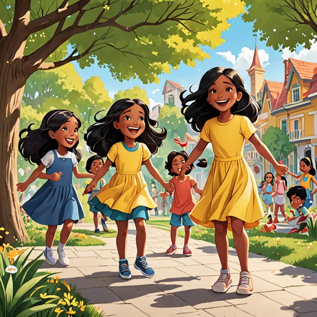 a group of children walking down a sidewalk in a park with a tree and a building in the background, american scene painting, a storybook illustration, Chris LaBrooy, official art