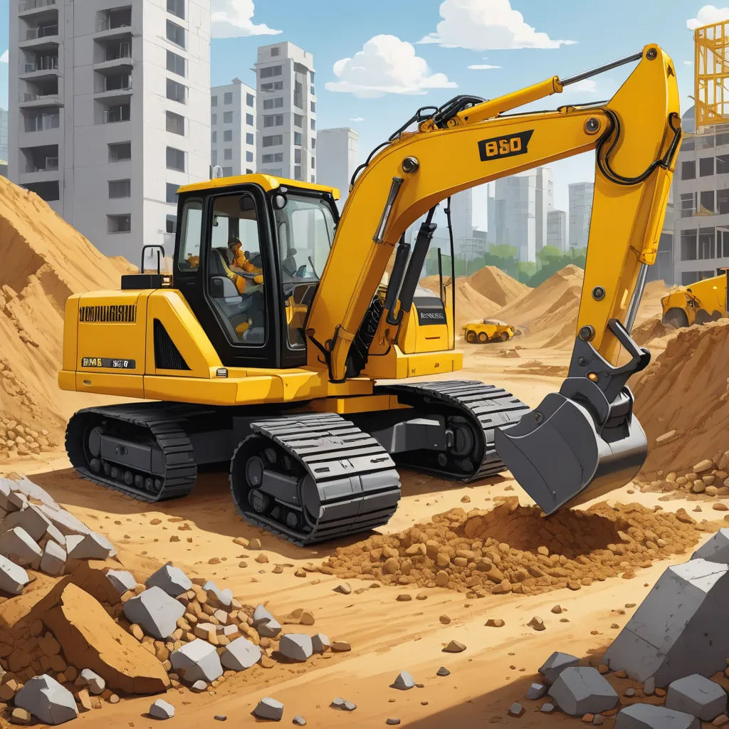 a yellow bulldozer is in a construction site with a city in the background and a pile of rocks, lyco art, a digital rendering, Chris LaBrooy, highly detailed digital painting