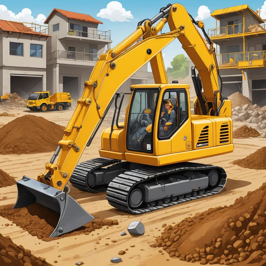 a yellow construction vehicle is in the dirt with a man in the driver seat and a building in the background, lyco art, a digital rendering, Andries Stock, highly detailed digital painting