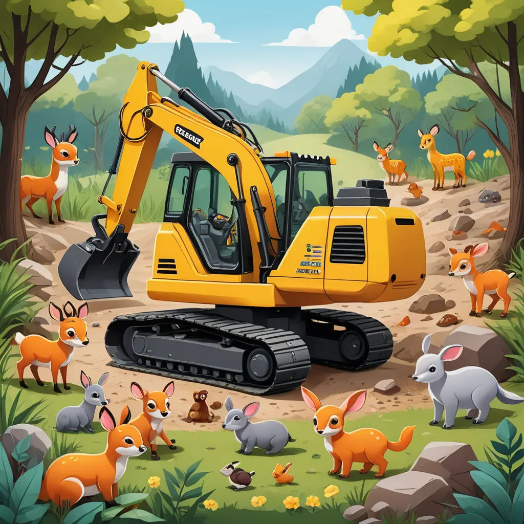 a cartoon of a bulldozer and other animals in a forest with a forest background and a forest scene, lyco art, a storybook illustration, Anne Said, highly detailed digital art