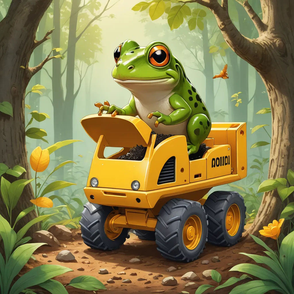a frog is riding on a yellow truck in the woods with a butterfly on its head and a frog on its back, environmental art, a digital painting, Dosso Dossi, highly detailed digital painting