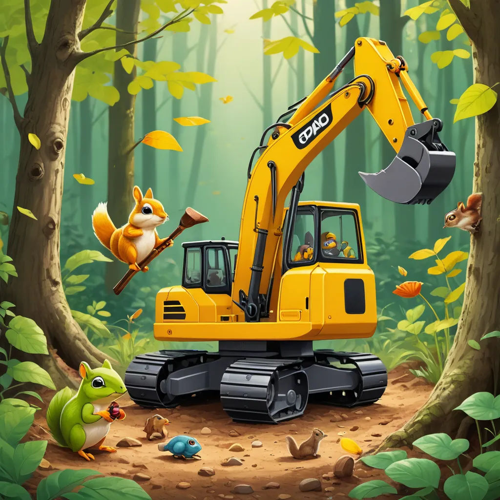 a cartoon scene of a yellow excavator and a squirrel in the woods with a frog and a squirrel, sots art, a storybook illustration, Cedric Seaut (Keos Masons), 2 d game art
