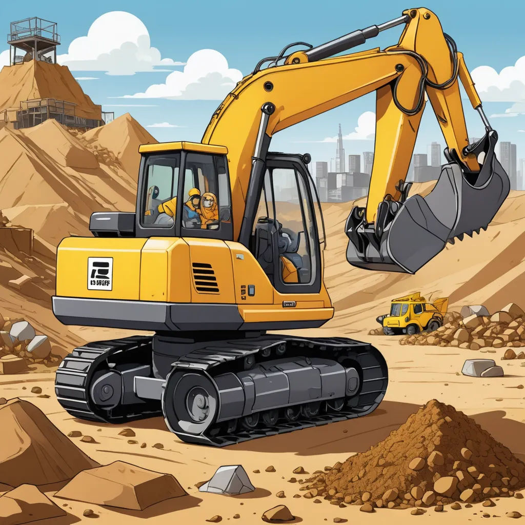 a yellow and black bulldozer digging dirt in a desert area with a city in the background and a sky with clouds, environmental art, a digital rendering, Asaf Hanuka, detailed illustration