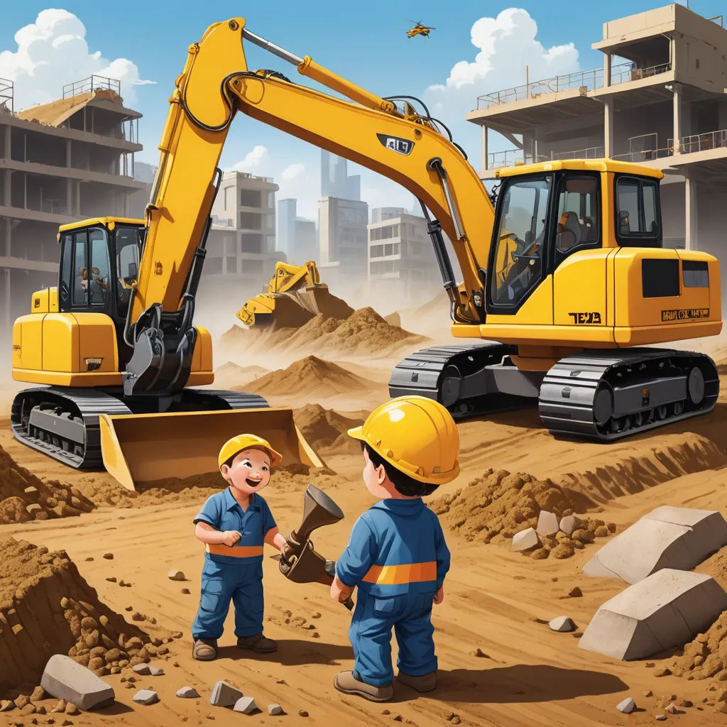 two children are standing in front of a construction site with a bulldozer and a bulldozer, lyco art, a storybook illustration, Diego Gisbert Llorens, highly detailed digital painting