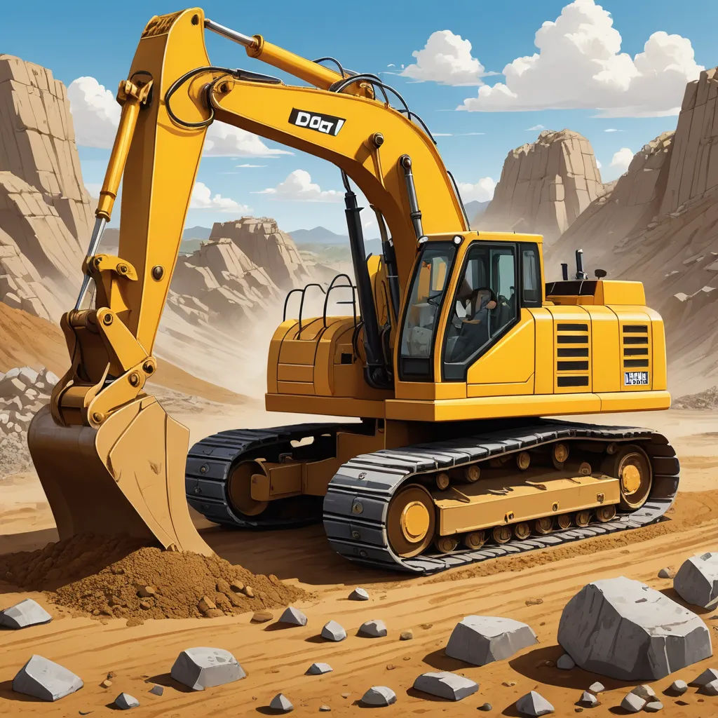 a yellow bulldozer digging through a desert landscape with rocks and boulders in the background and a blue sky with clouds, photorealism, a digital rendering, Eric Dinyer, highly detailed digital painting