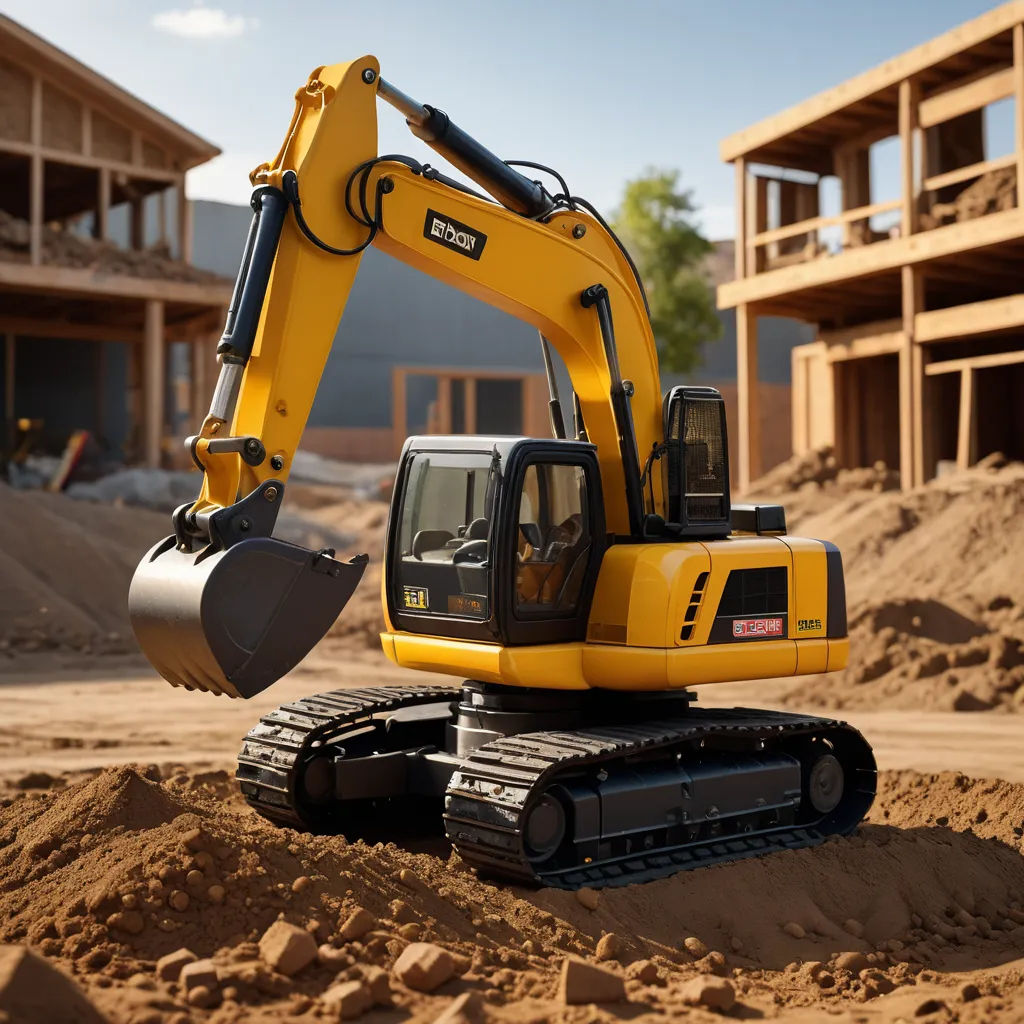 a yellow and black construction vehicle in dirt and sand with a building in the background and a building under construction, photorealism, a digital rendering, De Hirsh Margules, realistic render