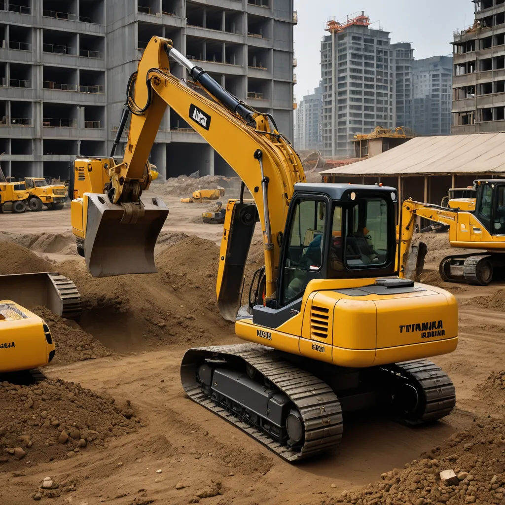 a yellow bulldozer is parked in the dirt near other construction equipment and buildings in the background,, precisionism, a tilt shift photo, Andries Stock, hard surface