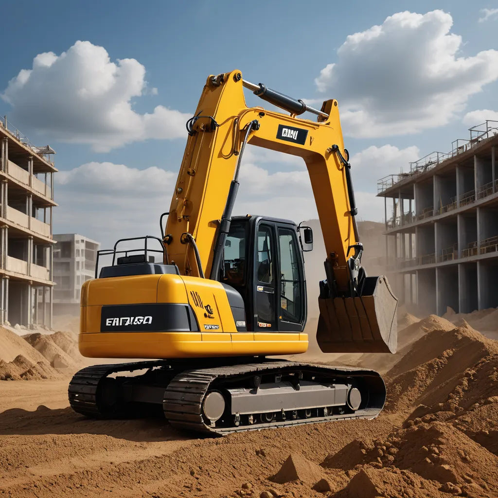 a yellow construction vehicle is parked in the dirt near a building site with a sky background and clouds in the sky, photorealism, a digital rendering, De Hirsh Margules, hard surface