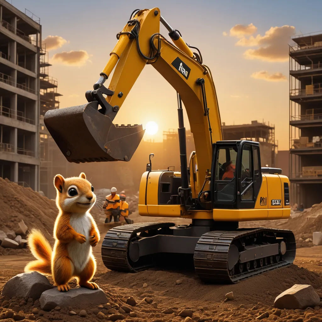 a squirrel is standing in front of a construction site with a bulldozer in the background and a construction worker in the foreground, hyperrealism, a digital rendering, Chippy, behance hd