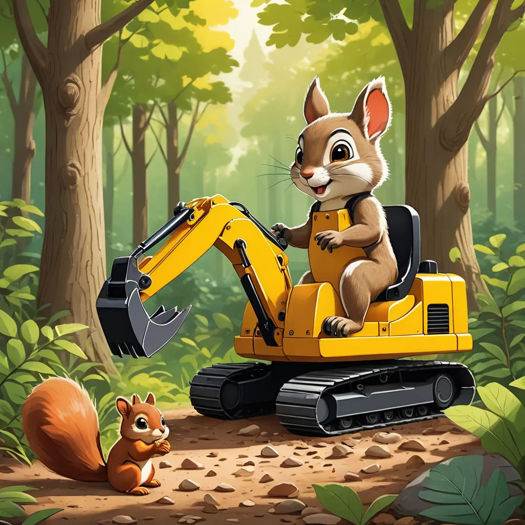 a squirrel is sitting on a construction vehicle in the forest with a squirrel nearby and a yellow bulldozer, sots art, a storybook illustration, Chippy, promotional image