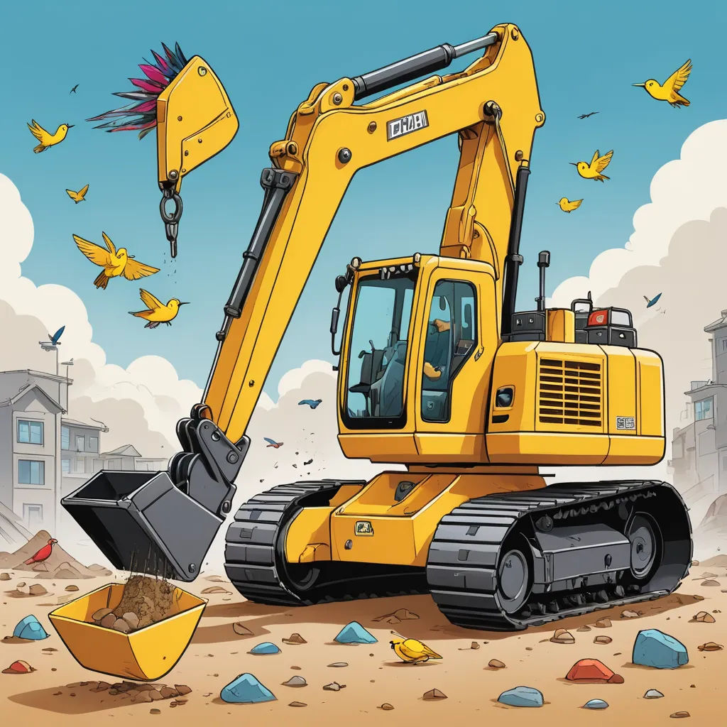 a yellow bulldozer digging dirt in a city with birds flying overhead and a yellow shovel in the foreground, sots art, an album cover, Asaf Hanuka, josan gonzales and dan mumford