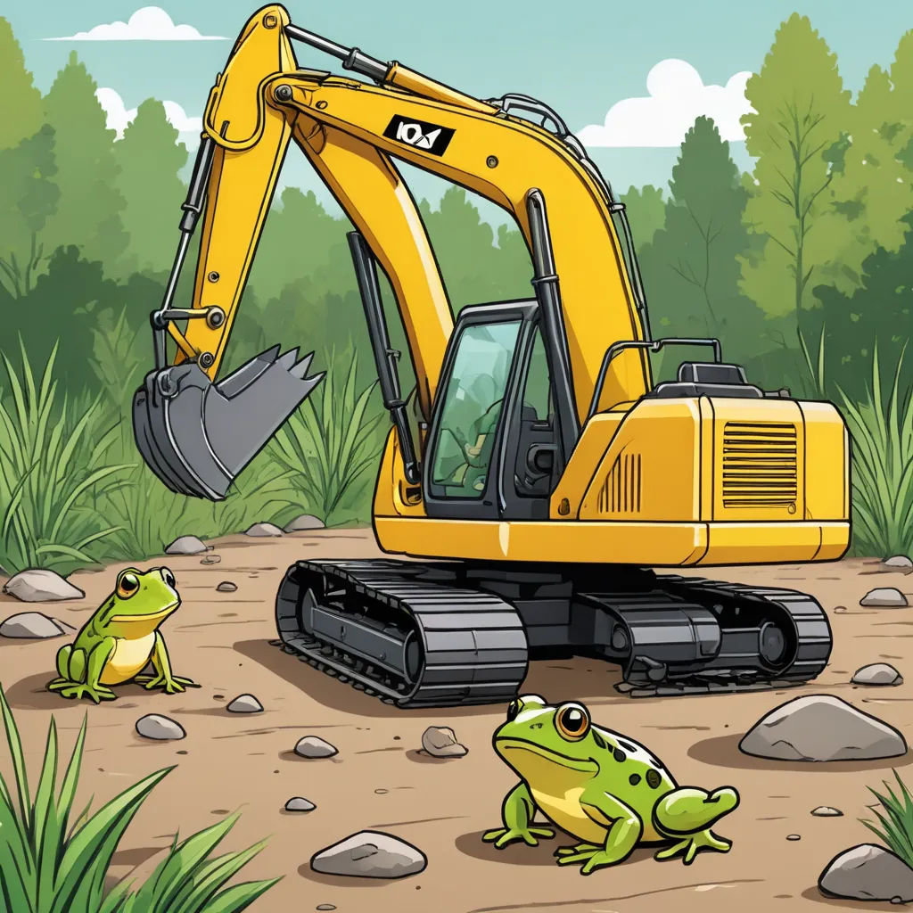 a frog and a bulldozer are sitting in the dirt near a frog on the ground and a bulldozer, environmental art, a storybook illustration, Andries Stock, storybook illustration