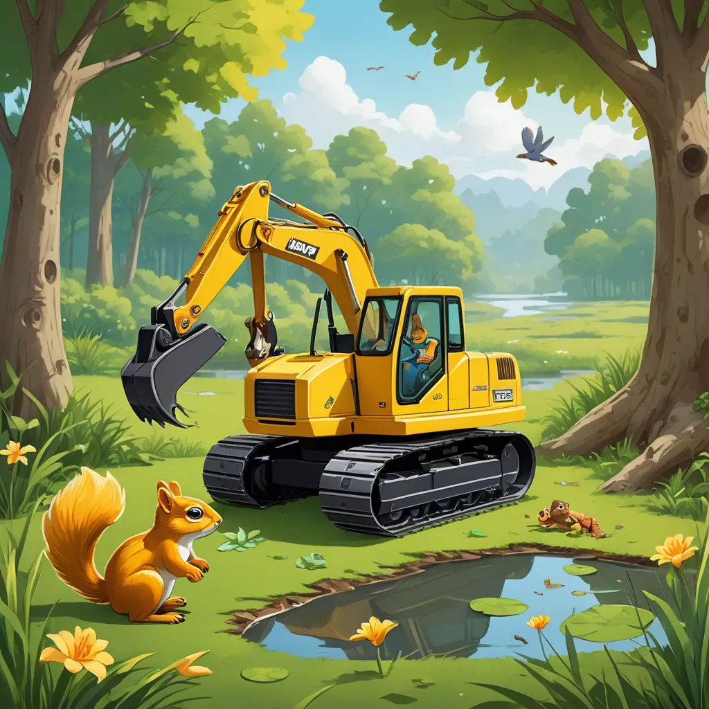 a cartoon scene with a yellow bulldozer and a squirrel in the forest with a pond and a bird, environmental art, a storybook illustration, Andries Stock, trending on furaffinity