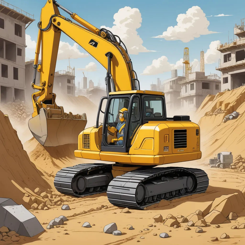 a yellow construction vehicle is in a construction site with a bulldozer in the background and a building site in the foreground, auto-destructive art, a detailed matte painting, Asaf Hanuka, detailed illustration