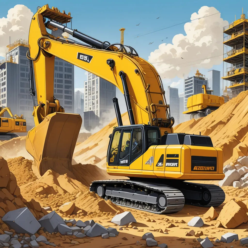 a yellow bulldozer is in a construction site with other yellow machines in the background and a city skyline, precisionism, a digital rendering, Asaf Hanuka, highly detailed digital painting