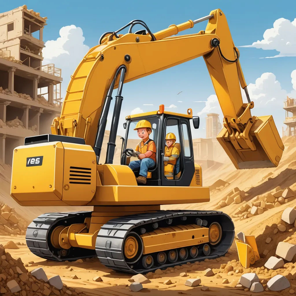 a man and a woman are in a construction vehicle in a desert area with a building in the background, lyco art, a digital rendering, Andries Stock, highly detailed digital painting