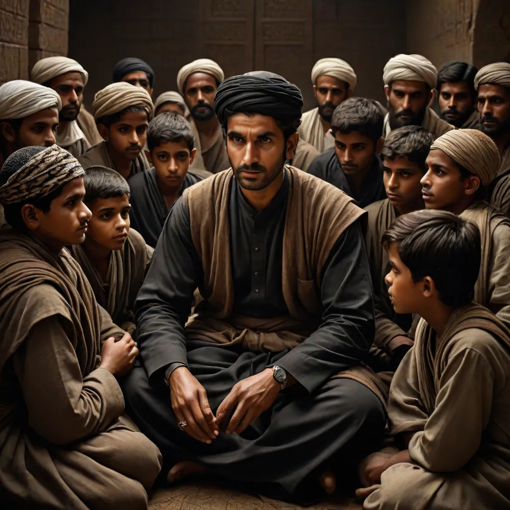 a man sitting in front of a group of men in a room with a lot of people around him, hurufiyya, a poster, Amir Zand, cinematic photography