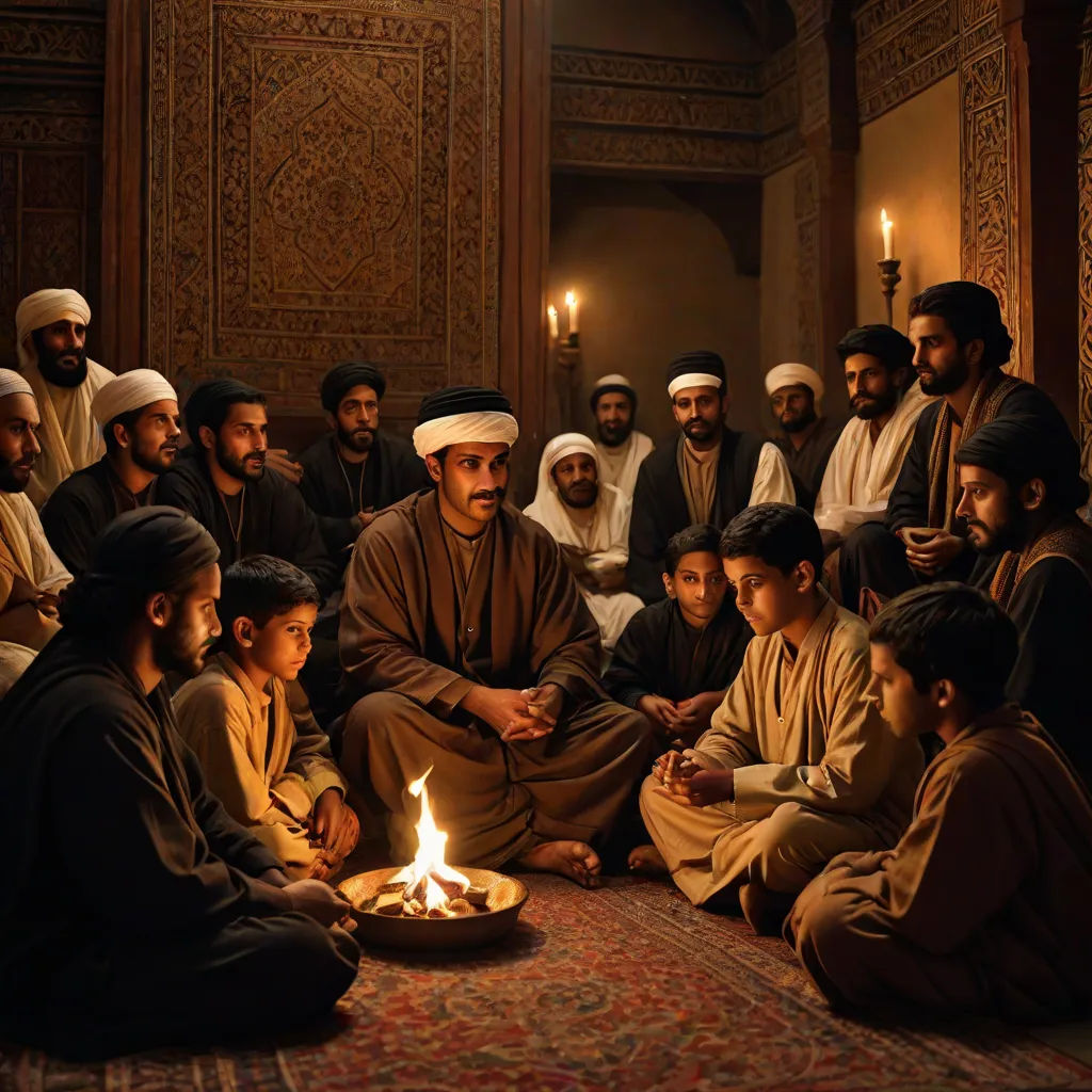 a group of men sitting around a fire in a room with candles on the floor and a man in a white turban, dau-al-set, a detailed matte painting, Altoon Sultan, movie still
