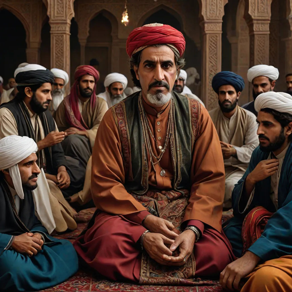 a group of men sitting around each other in a room with a rug on the floor and one man in a turban, hurufiyya, a character portrait, Amir Zand, orientalism