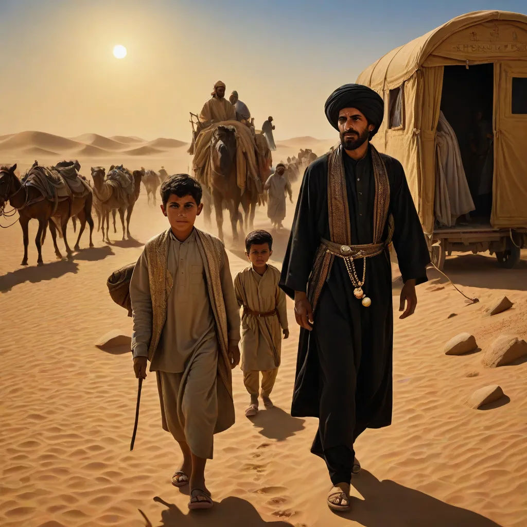 a man and two boys walking in the desert with camels behind them and a caravan of people in the background, hurufiyya, a detailed matte painting, Amir Zand, orientalism