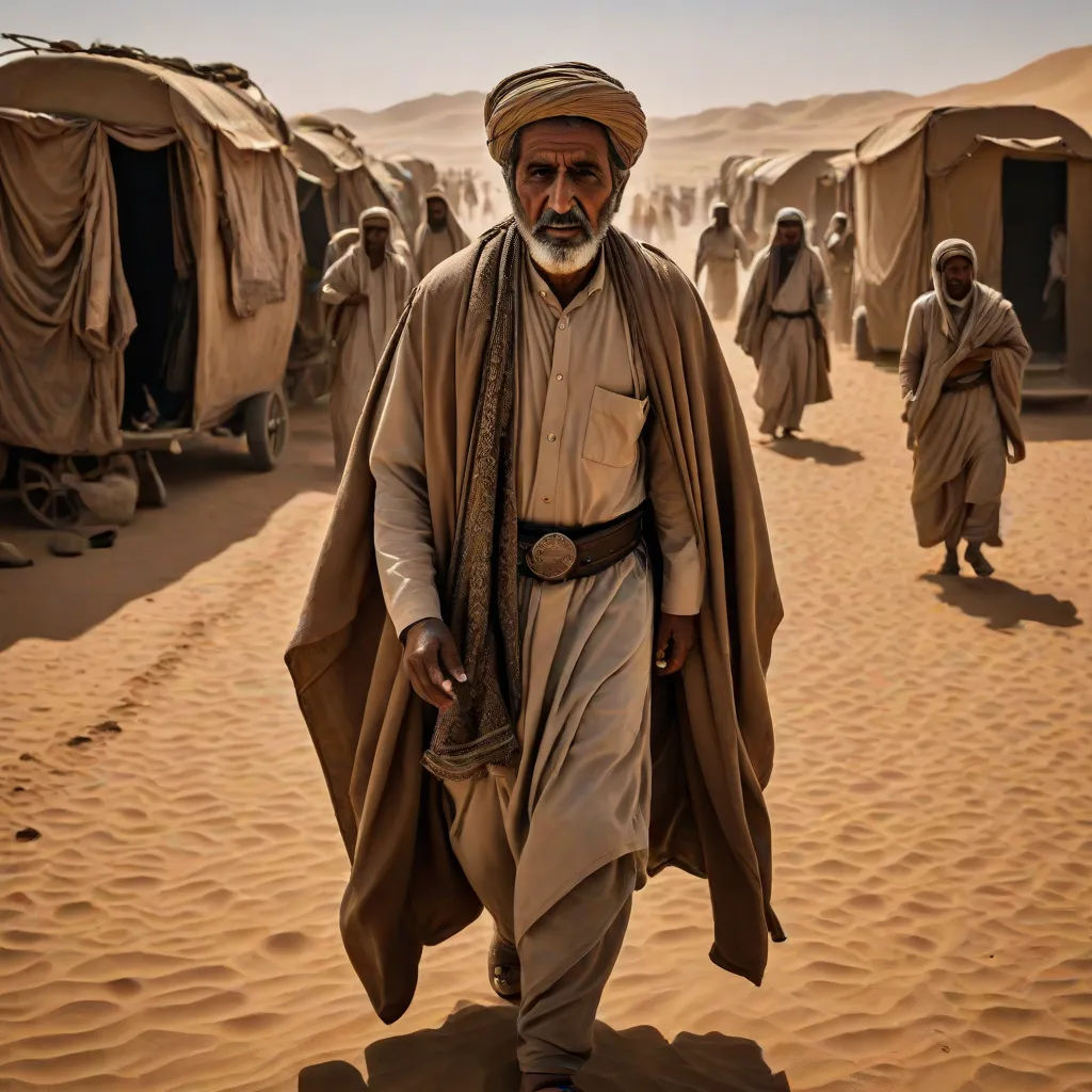 a man in a desert with a group of people in the background walking in the sand with tents in the background, unilalianism, a character portrait, Amir Zand, desert