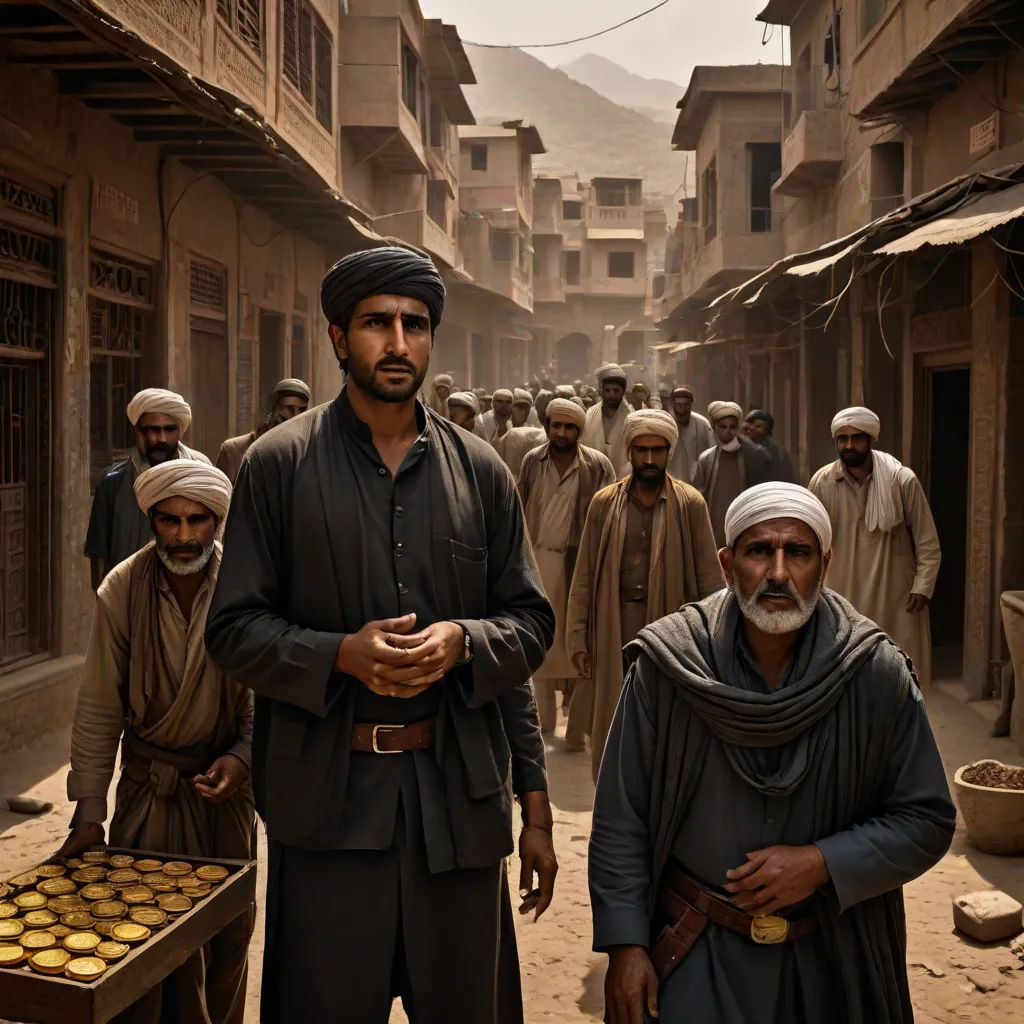 a group of men standing in a street next to each other in front of a building with a lot of people, hurufiyya, a detailed matte painting, Amir Zand, promotional image