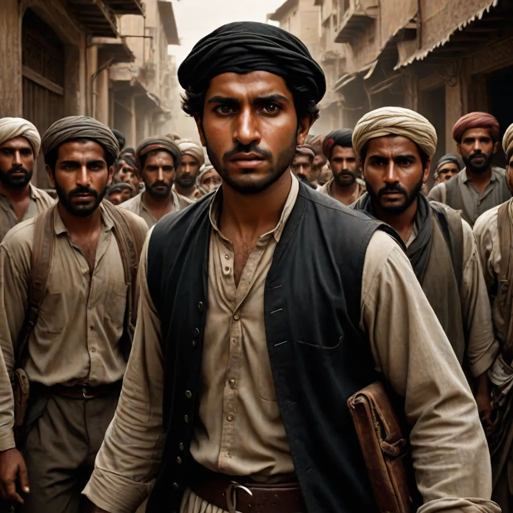 a man in a turban is surrounded by a group of men in a village in the desert, hurufiyya, a poster, Amir Zand, orientalism