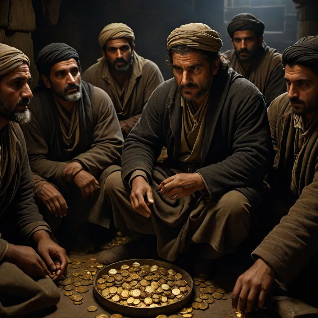 a group of men sitting around a table with gold coins on it and a man in a turban, hurufiyya, egyptian art, Farid Mansour, movie still
