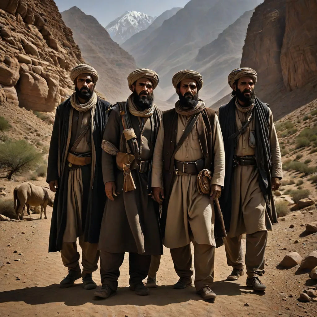 three men in desert attire standing in front of mountains and a valley with animals in the background, with a mountain range in the background, qajar art, a poster, Amir Zand, award - winning photography